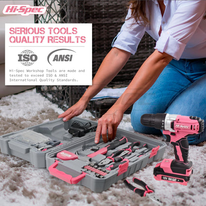 Hi-Spec 81pc Pink 18V Cordless Power Drill Driver Kit for DIY Projects