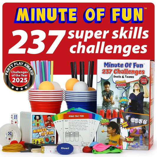 Funwares Original 237 Minute of Fun Games - Minute to Win It Family Party & Travel for Kids & Adults, 2-12 Players! Ready to Play Right Out of The Box!
