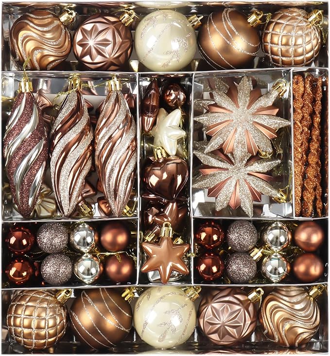 82Pcs Bronze Copper Christmas Ornaments Set,Shatterproof Brown and Gold Fall Decorations for Tree Assorted Plastic Craft Ball Ornaments for Holiday Xmas Party Decor (Copper & Gold)