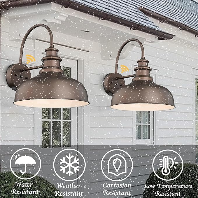 Bestshared 14 Inch Dome Dusk to Dawn Sensor Gooseneck Barn Lights Farmhouse Outdoor Wall Sconce Industrial Outdoor Wall Lights Exterior Lighting Fixture for Front Door, Entryway (ORB+White, 14"-1Pack)