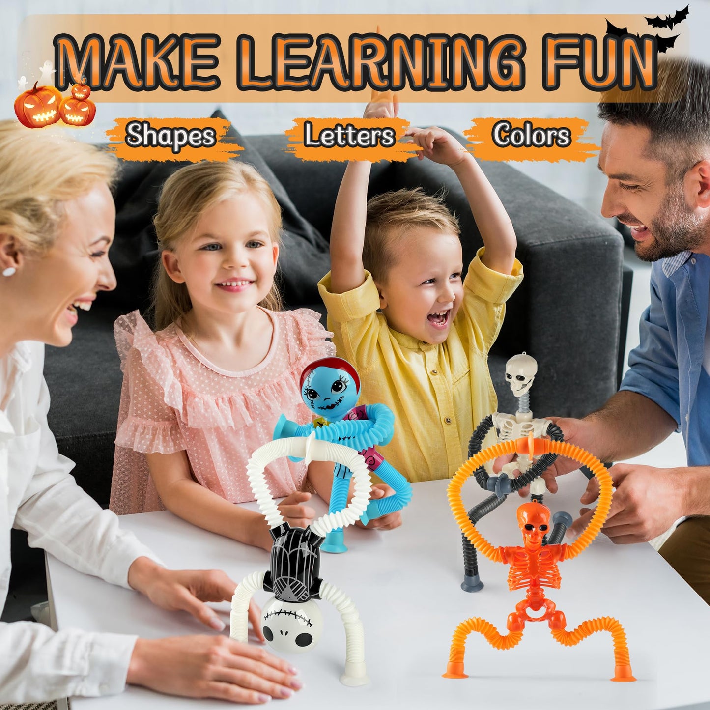 Halloween Pop Tubes Skeleton Toy,4PCS Pop Tube Fidget Toys Airplane Car Travel Activities Toys Sensory Autism Toys for Children with Autistic ADHD,Halloween Party Favors Treat Bags