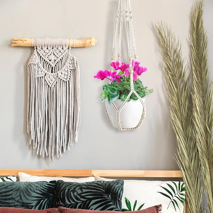 ZMTECH 2 Pack 35 Inch Macrame Plant Hanger (Ivory) Indoor Hanging Planter Basket with Wood Beads Decorative Flower Pot Holder for Indoor Outdoor Boho Home Decor