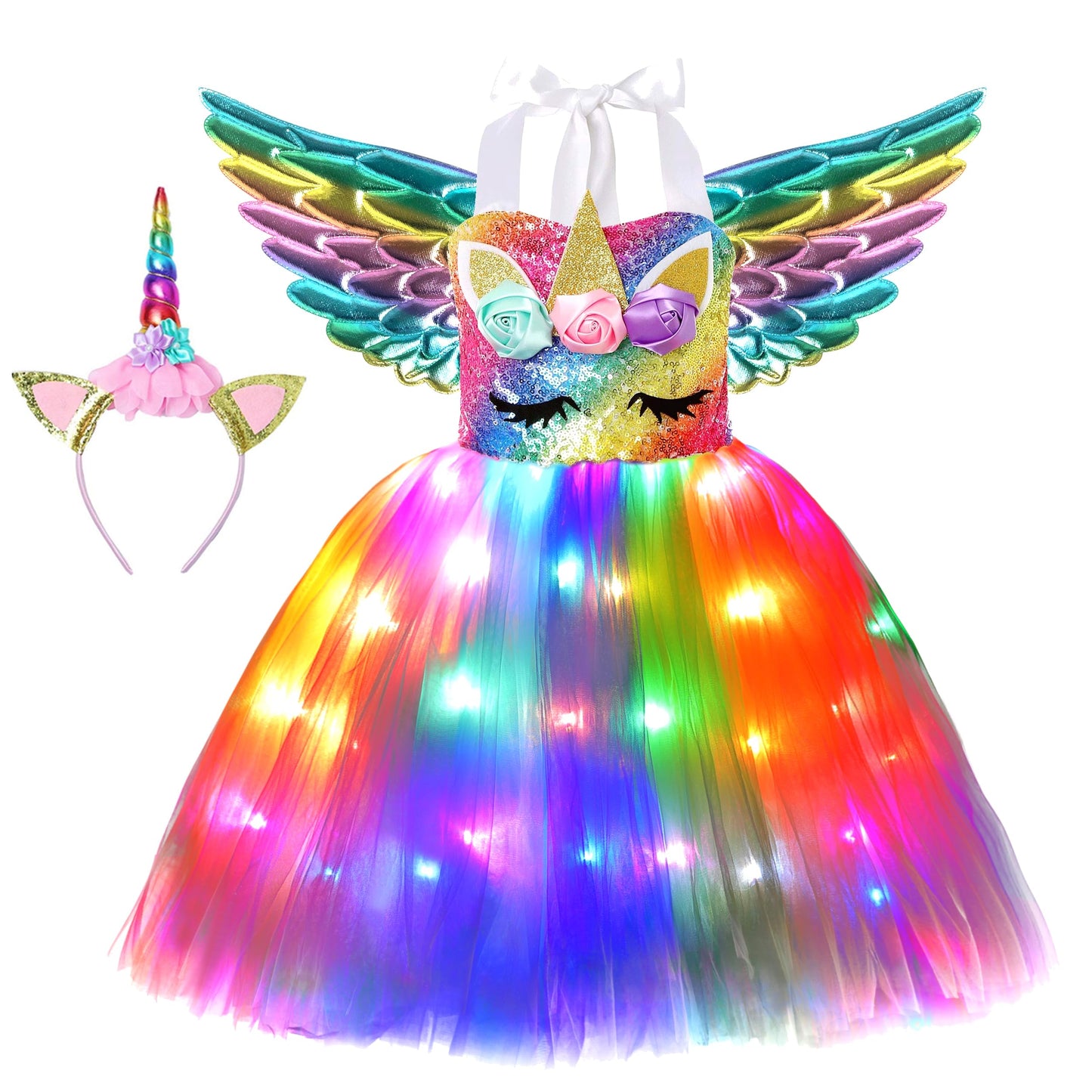 Soyoekbt Girls Unicorn Costume LED Light Up Unicorn Princess Dress Birthday Party Outfit Halloween Tutu Dress with Headband Rainbow Sequin+Rainbow Led 3-4Years