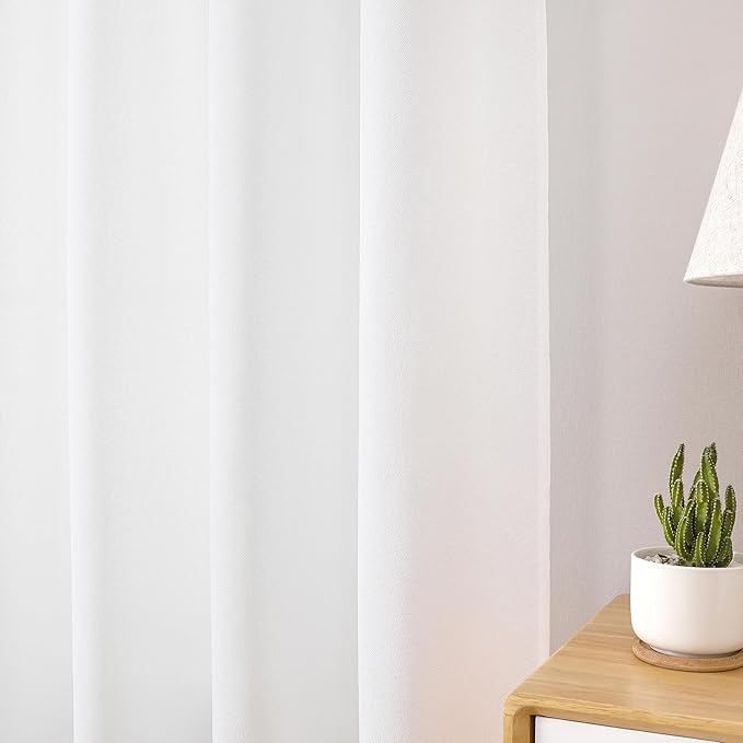 Tollpiz Linen Curtain Bedroom Rod Pocket Semi Sheer Curtains Burlap Light Filtering Thick Linen Drape for Living Room, 38 x 84 inches Long, White, Set of 2 Panels