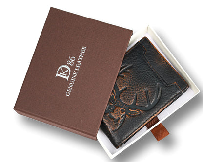 DK86 Mens Deer Slim Wallet with Money Clip Minimalist Bifold Front Pocket wallet for Men RFID Blocking Full Grain Leather with Hand Burnished