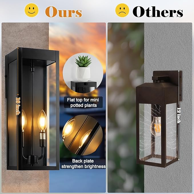 Outdoor Wall Lights 16 Inch Large, 2 Pack Black Modern Exterior Lighting Fixtures Wall Mounted with 2-Candle Light, Waterproof Outside Wall Sconces Coach Lamps Porch Lanterns for House E12