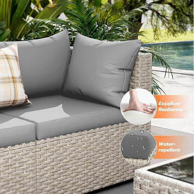 UDPATIO Patio Furniture Set with Fire Pit Table, 8 Pieces Outdoor Sectional Sofa, PE Wicker Patio Conversation Set for Garden, Backyard Grey