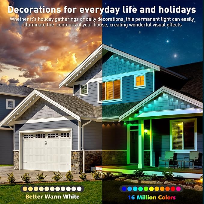 100ft Permanent Outdoor Lights,for House Roof, Christmas, Holiday, Party, Daily Lighting, IP67 Waterproof,RGB Eaves Lights with Multi Scene Modes for Halloween (500FT)