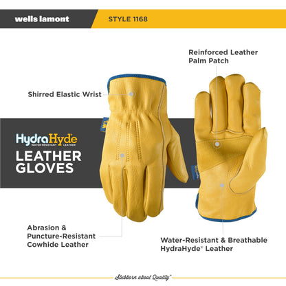 WELLS LAMONT Men’s Slip-On HydraHyde Full Leather Work Gloves | Water-Resistant | Medium (1168M), Saddletan