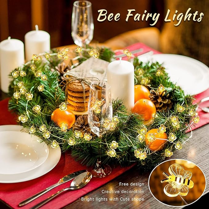 Bee Decor String Lights 10Ft 30 Led Battery Operated Bee Bumble Whimsical Decor Bee Decorations Honey Bee Gifts for DIY, Home, Classroom, Birthday, Kids Room, Garden, Wedding, Party