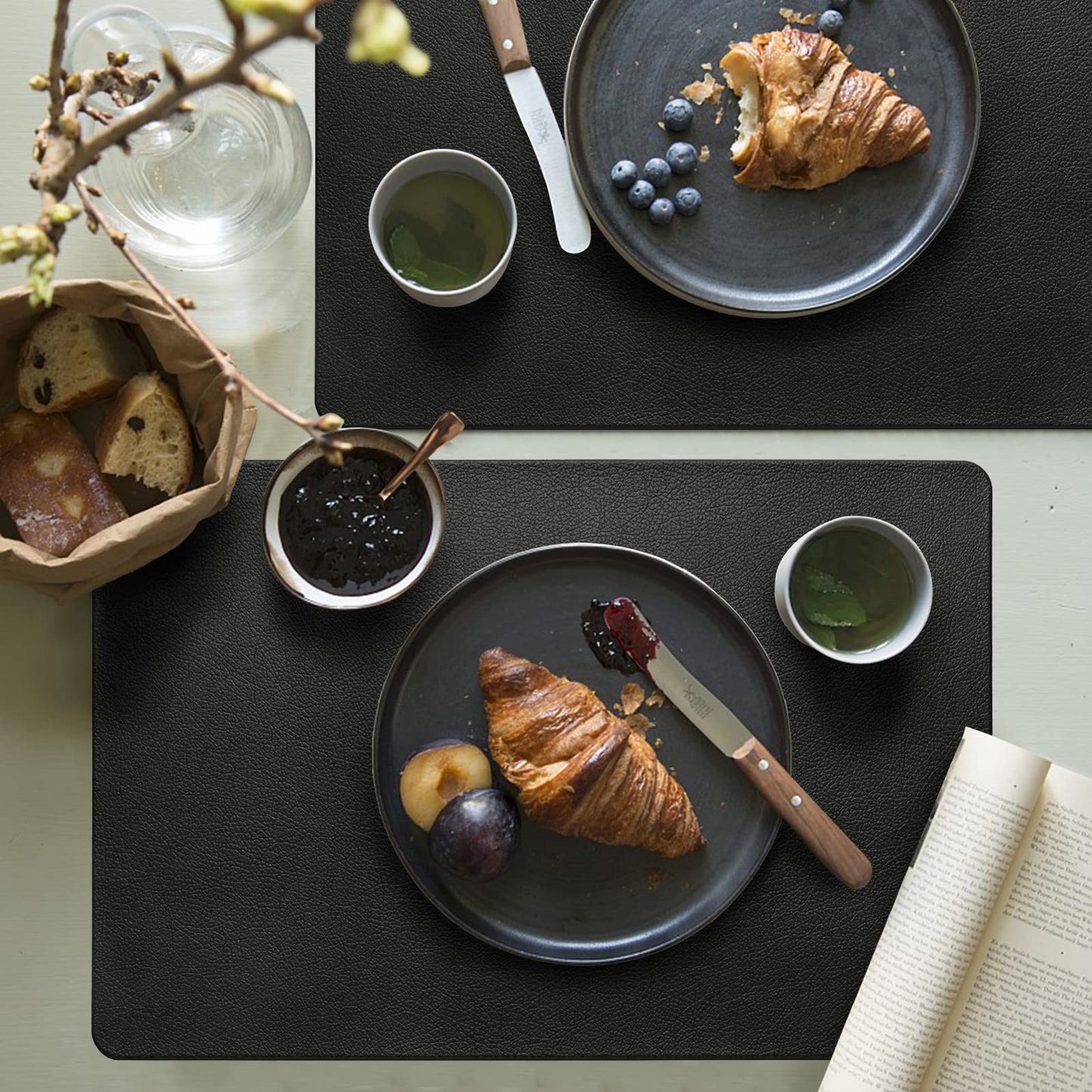 Faux Leather Halloween Placemats HeloHo Black Table Place Mats Set of 6 Waterproof Oilproof Heat Stain Resistant Placemats Washable Wipeable Placemat for Kitchen Dining Table Decoration Indoor Outdoor