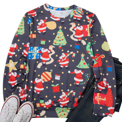 MOUSYA Christmas Sweatshirt Women Funny Ugly Christmas Pullover Shirt Xmas Holiday Santa Prints Long Sleeve Tops Grey