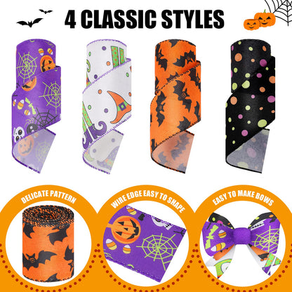 4 Rolls 20 Yards Halloween Wired Edge Ribbon Spider Web Printed Grosgrain Ribbons Halloween Theme Holiday DIY Craft Wrapping Ribbon for Home Party Decor