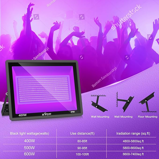 4 Pack 400W LED Flood Black Lights,395nm to 405nm UV Outdoor Flood High Power Blacklight Light with Plug in, IP66 Waterproof Large Black Light Spotlight for Glow Party Large Space, Halloween