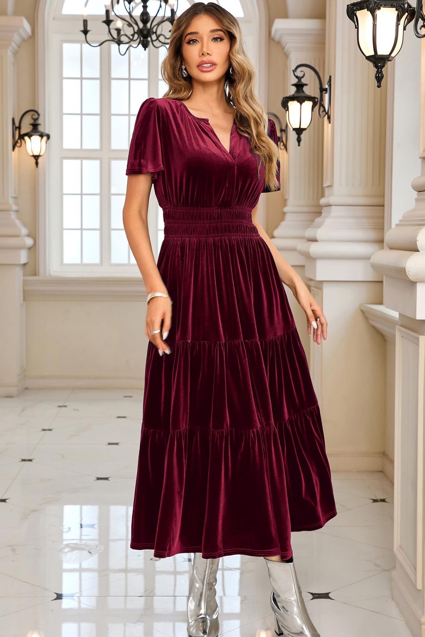 R.Vivimos Women's Fall Winter Vintage Velvet Dress Short Sleeve V Neck Elastic Waist Tiered Ruffle A-Line Flowy Elegant Maxi Dress (Large, WineRed)