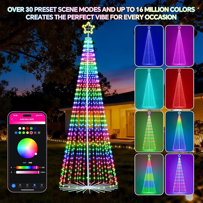 12 FT Smart Christmas Cone Tree Lights, 832 LED Lighted Outdoor Christmas Tree with Remote & App Control Timer, Music Sync, DIY RGB Color Changing for Indoor Outdoor Decorations