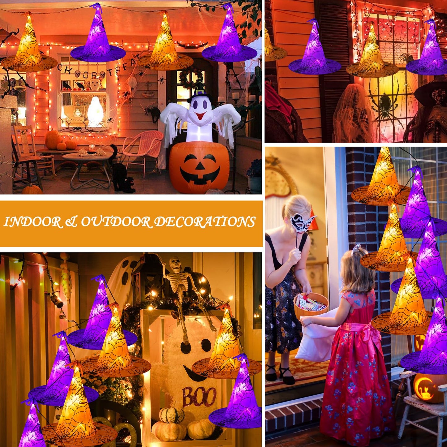 Battery Operated Halloween Lights Witch Hat Decoration,8 Pack Orange and Purple Hanging Lighted Hats with 56 LED Warm White Lights with Remote, Floating Witch Hat Light for Indoor Outdoor Decoration