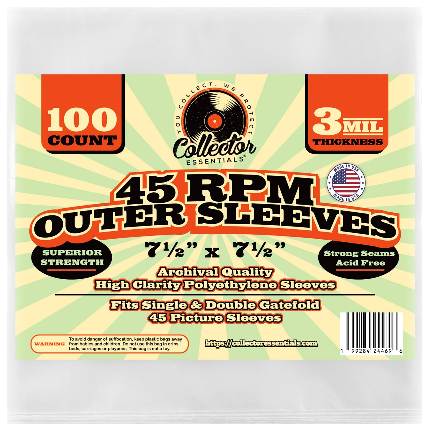 100-Pack 7-Inch 45 RPM Record Outer Sleeves – Clear Polyethylene Vinyl Covers | 3 Mil Thick, Archival, Anti-Static | Fits Picture Sleeves & Gatefolds | Made in USA