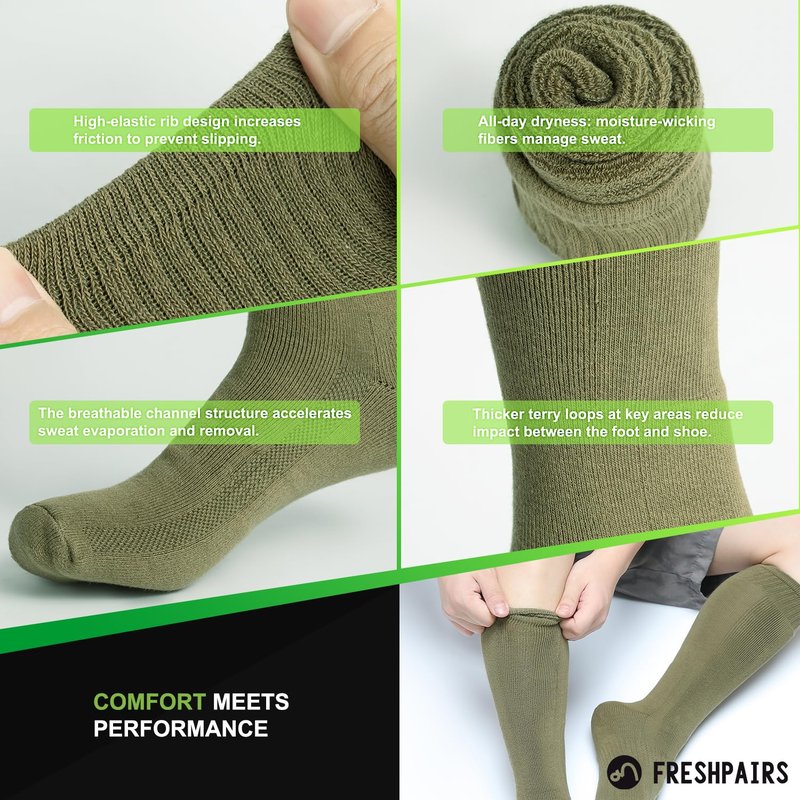 Freshpairs Men's Hiking Socks, Military Green Over the Calf Socks for Hunting and Boots,4 Pack