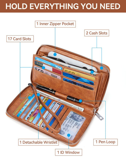 BOSTANTEN Leather Wallet for Women RFID Blocking Zip Around Credit Cards Holder Phone Clutch Brown