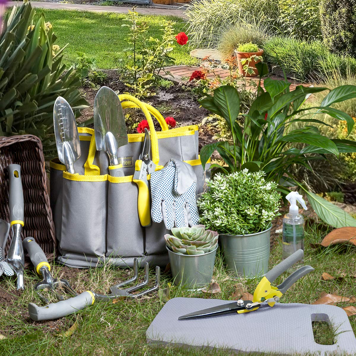 Jardineer 11Pcs Gardening Tools Set - Durable Hand Garden Tools, Knee Pad, Grass Shear, Tote Bag, Spray Bottle, Gardening Gifts for Mom Women Men