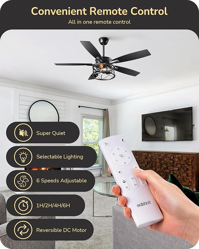 EDISHINE 52" Black Farmhouse Ceiling Fans With Lights, Remote Control, Dimmable, Reversible DC Motor, 5 Wooden Blades Rustic Indoor/Outdoor Ceiling Fan for Living Room Bedroom Porch