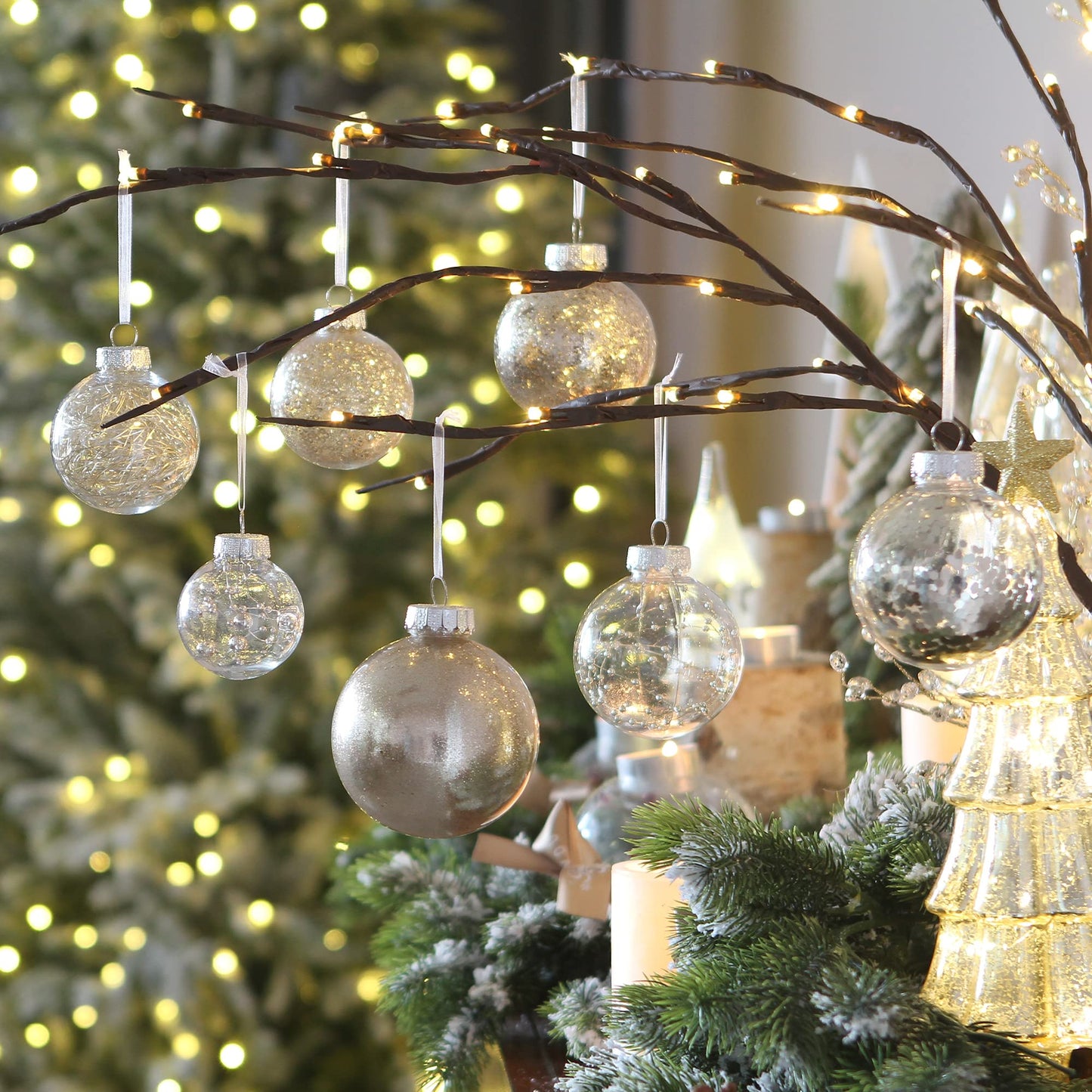 Sea Team Multi-Size Shatterproof Clear Plastic Christmas Ball Ornaments, Pendants, Drops, Finials, Decorative Xmas Tree Baubles Set with Stuffed Delicate Decorations (32 Counts, Champagne)