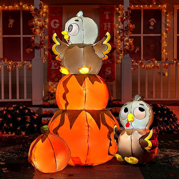 Joiedomi 6 FT Thanksgiving Inflatable Stacking Pumpkin Turkey With Built-in LEDs, Blow Up Outdoor Decorations for Yard Garden, Halloween Inflatable for Thanksgiving