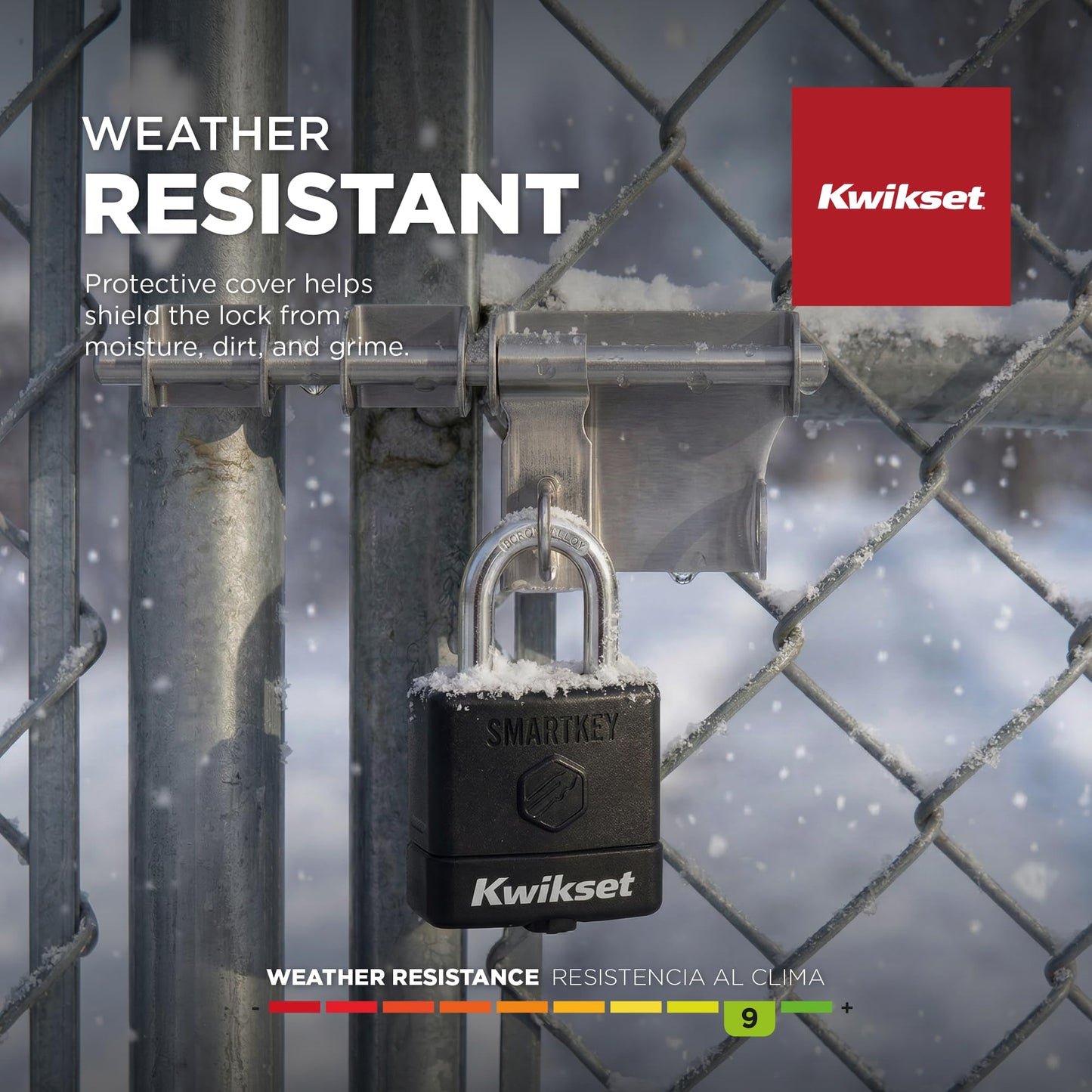 Kwikset SmartKey Re-Keyable Laminated Steel Padlock with Boron Carbide Shackle, with Weather Cover, Outdoor Gate and Storage Lock, 2 in Body, 1-1/2 in Shackle, 4 Pack Keyed Alike, Silver
