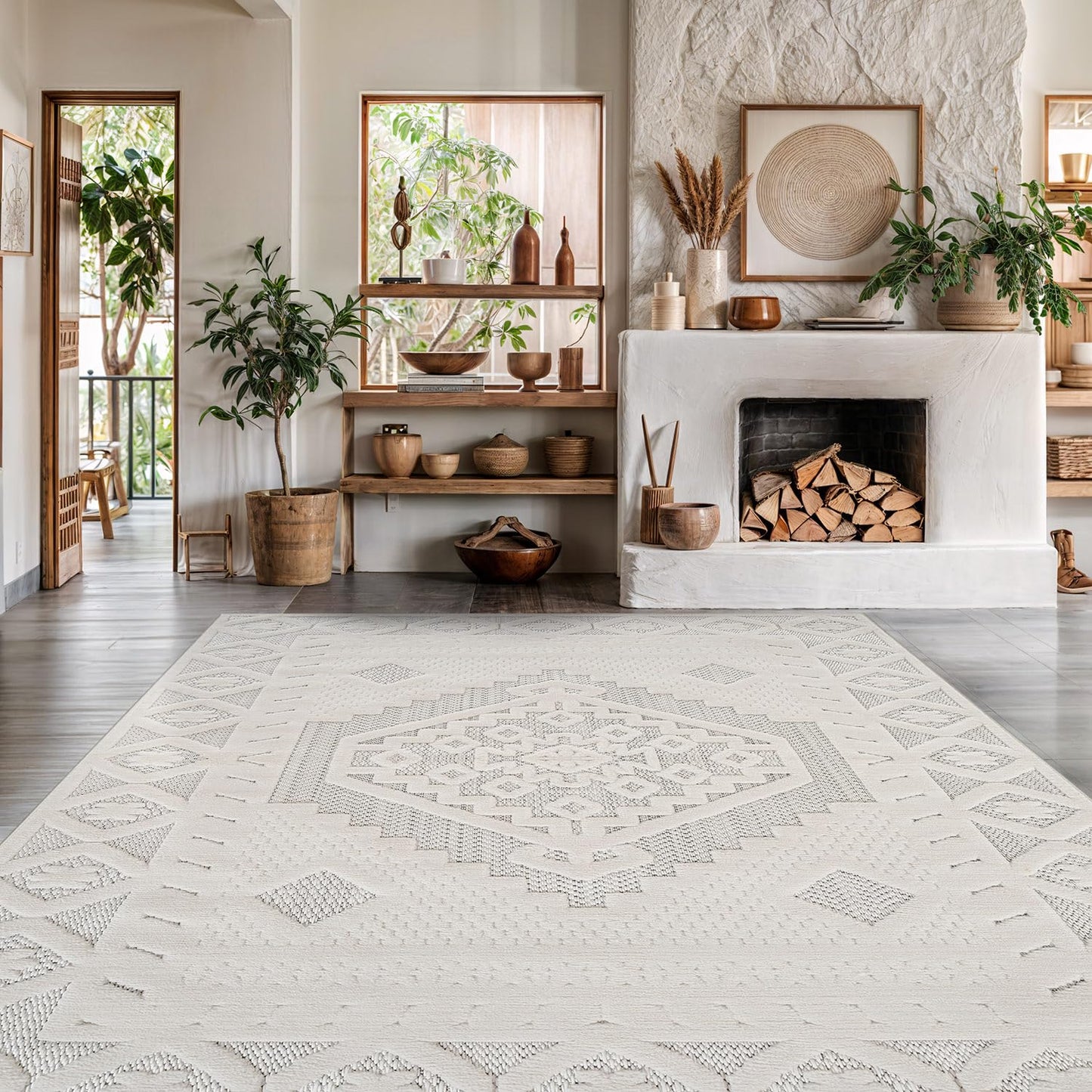 Luul Home Modern Micro Loop Indoor Area Rugs for Living Room Bedroom Kitchen Geometric Trellis White 6x9 Luxury Durable Low and High Pile Non-Shedding Stain Resistant Soft Area Carpet 6 x 9