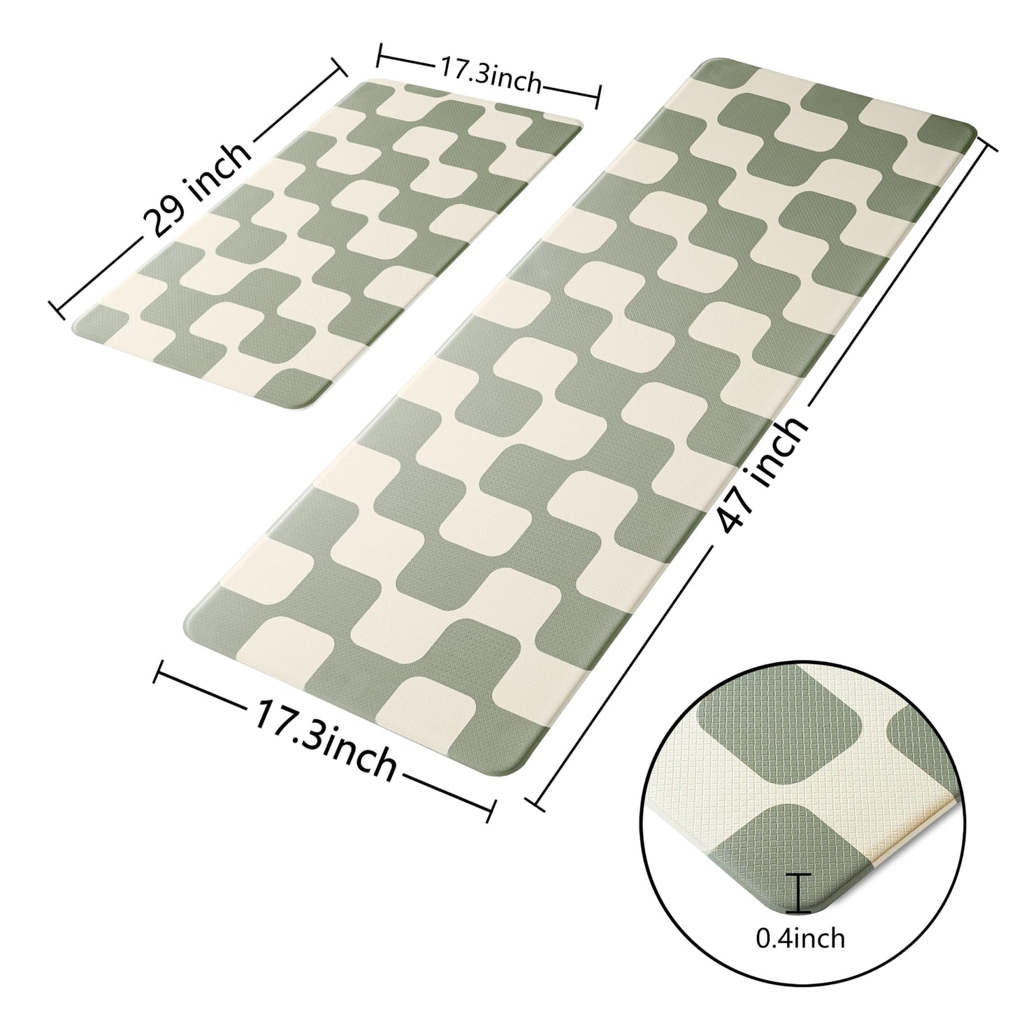 Sage Green Beige Retro Curvy Checkered Grid Checkerboard Kitchen Rug Sets [2 PCs], Anti-Fatigue, Waterproof Non-Slip Kitchen Mats Heavy Duty Comfort Foam Rug for Floor, Home, Laundry,17"x29"+17"x47"