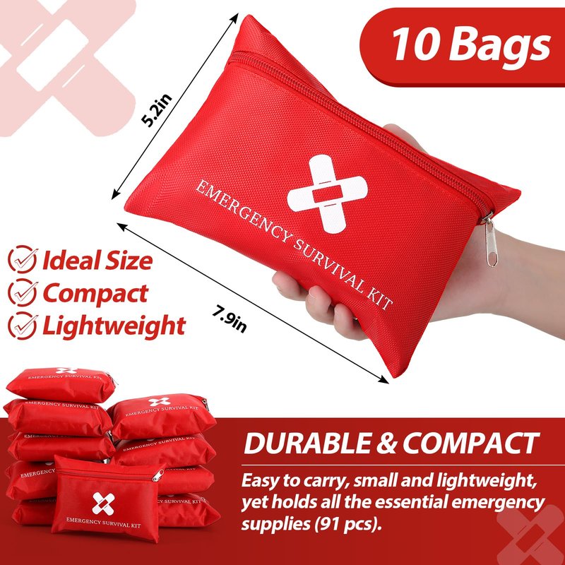 Geiserailie 10 Pack Mini First Aid Kit for Home Car Travel Camp Outdoor Back to School Sports Hiking Emergency Small First Aid Kit Travel Size Bulk Self Care Package 10 Individual Bag of 91 Items Each