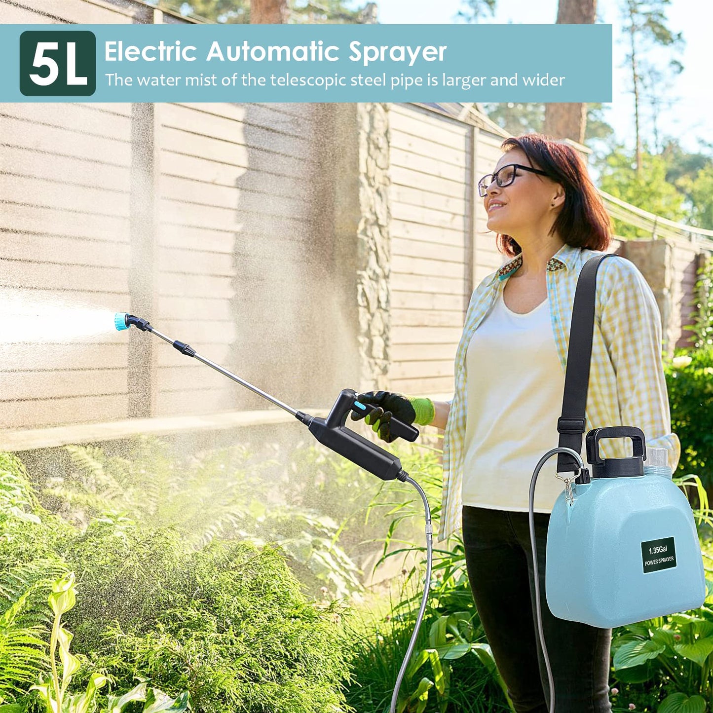 Battery Powered Sprayer 1.35Gallon, Upgrade Garden Sprayer with 3 Mist Nozzles, USB Rechargeable Handle and Retractable Wand with Adjustable Shoulder Strap for Lawn,Garden,Cleaning