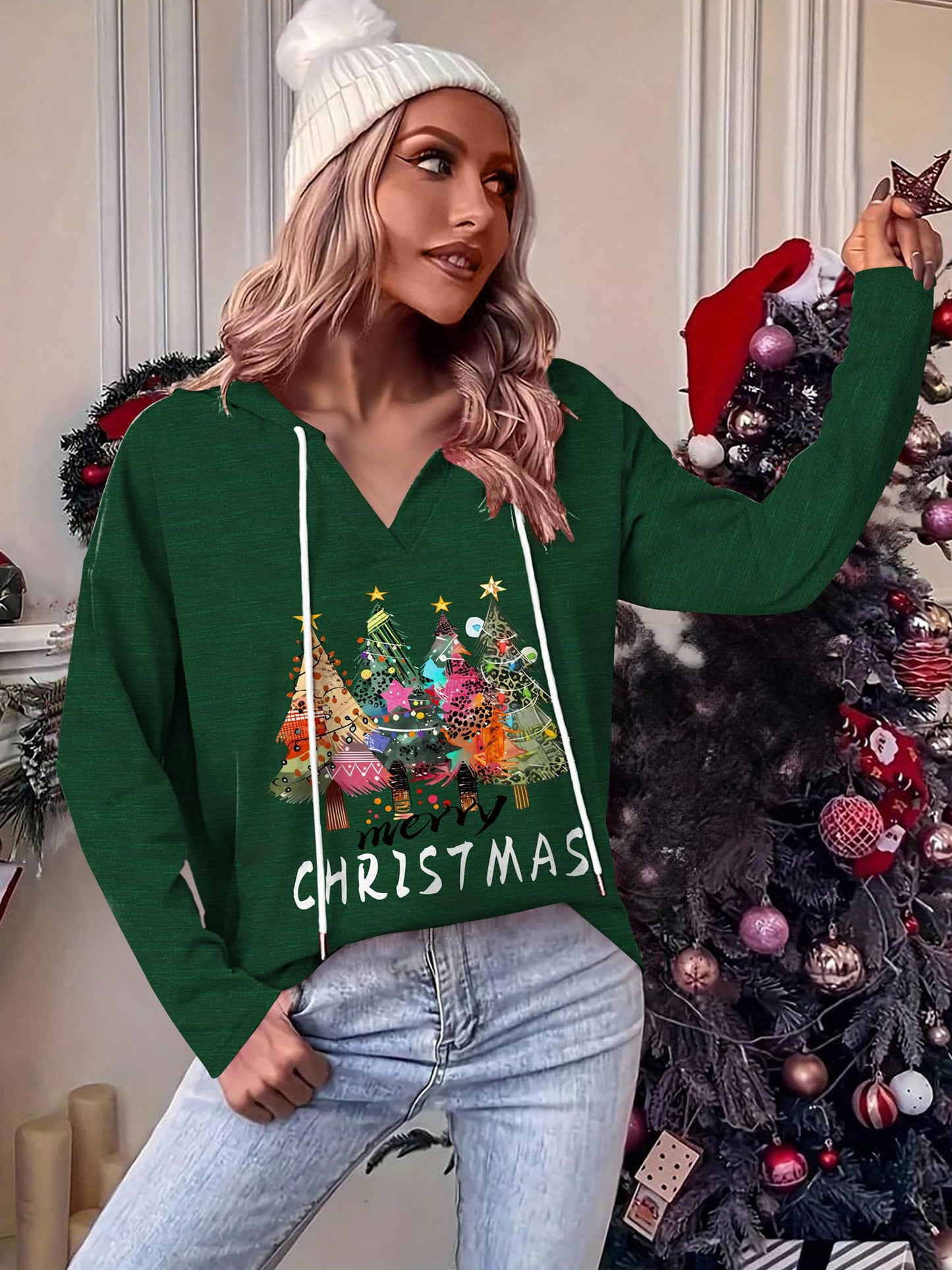Zeagoo Christmas Hoodies Lightweight Long Sleeve Shirts Workout V Neck Sweatshirts Christmas Green M