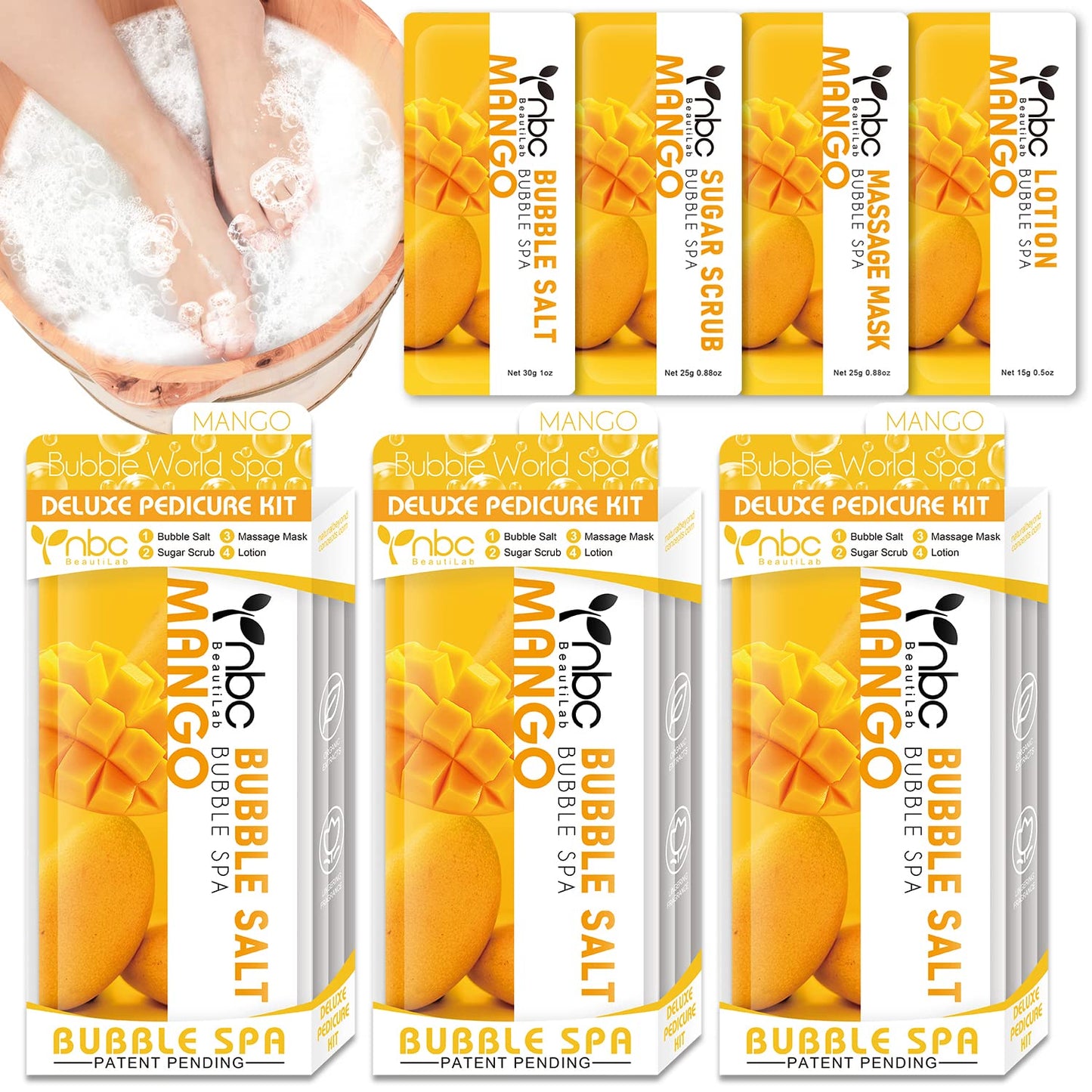 Pedicure Kit Foot Soak Set: Bubble Salt, Sugar Scrub, Massage Mask, Massage Lotion in a Box, 4 Step Foot Spa Kit for Dry Feet,Tired Feet（3 Set Tropical Fruit)