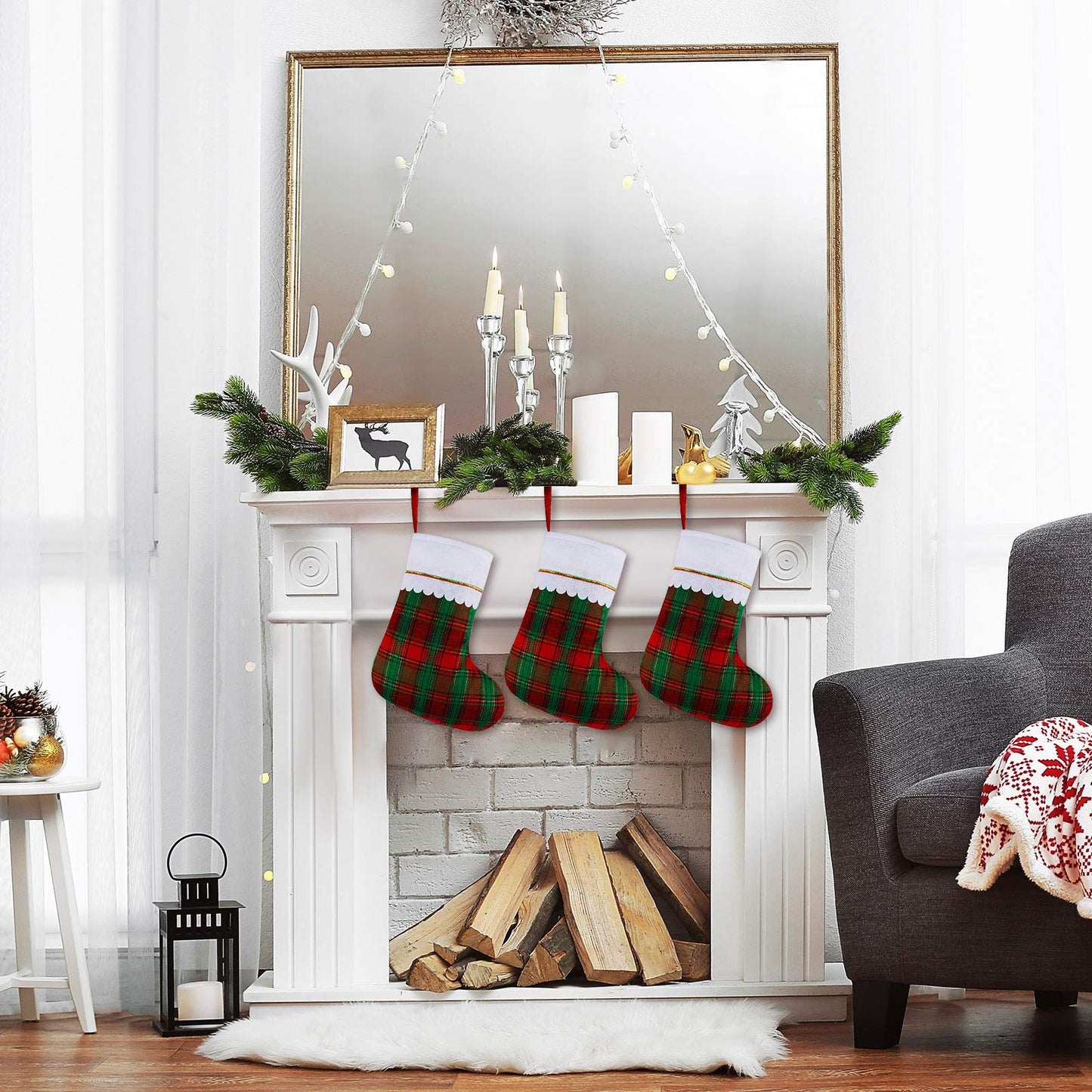URATOT 12 Pack 15 Inches Christmas Stockings Red and Green Plaid Pattern Felt Christmas Holiday Stockings Christmas Tree Hanging Ornaments Xmas Fireplace Decoration Set