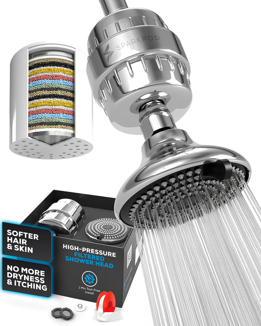 SparkPod 23-Stage Filtered Shower Head with 3 Spray Settings - High Pressure Shower Head with Filters for Dry Hair and Skin - Showerhead with Filter Reduces Chlorine & Heavy Metals (Polished Chrome)