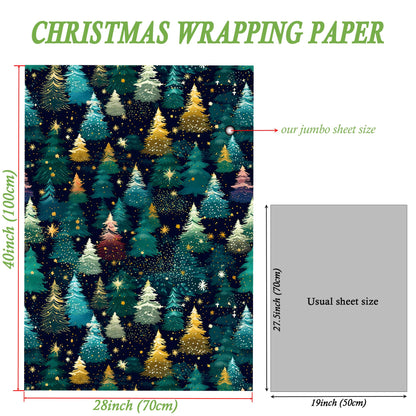 SaringSwoon Christmas Tree Wrapping Paper for Kids Adults - Xmas Wrapping Paper with Starry Night Sky, Christmas Trees and Stars Designs for Winter Holiday - 40×28 Inches, 4 Folded Sheets