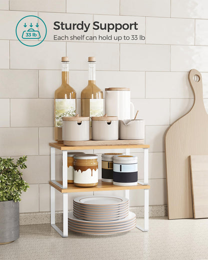 SONGMICS Cabinet Organizer Shelf, Set of 4 Kitchen Counter Shelves, Kitchen Storage, Spice Rack, Stackable, Expandable, Metal and Engineered Wood, Cloud White and Natural Beige UKCS010N01