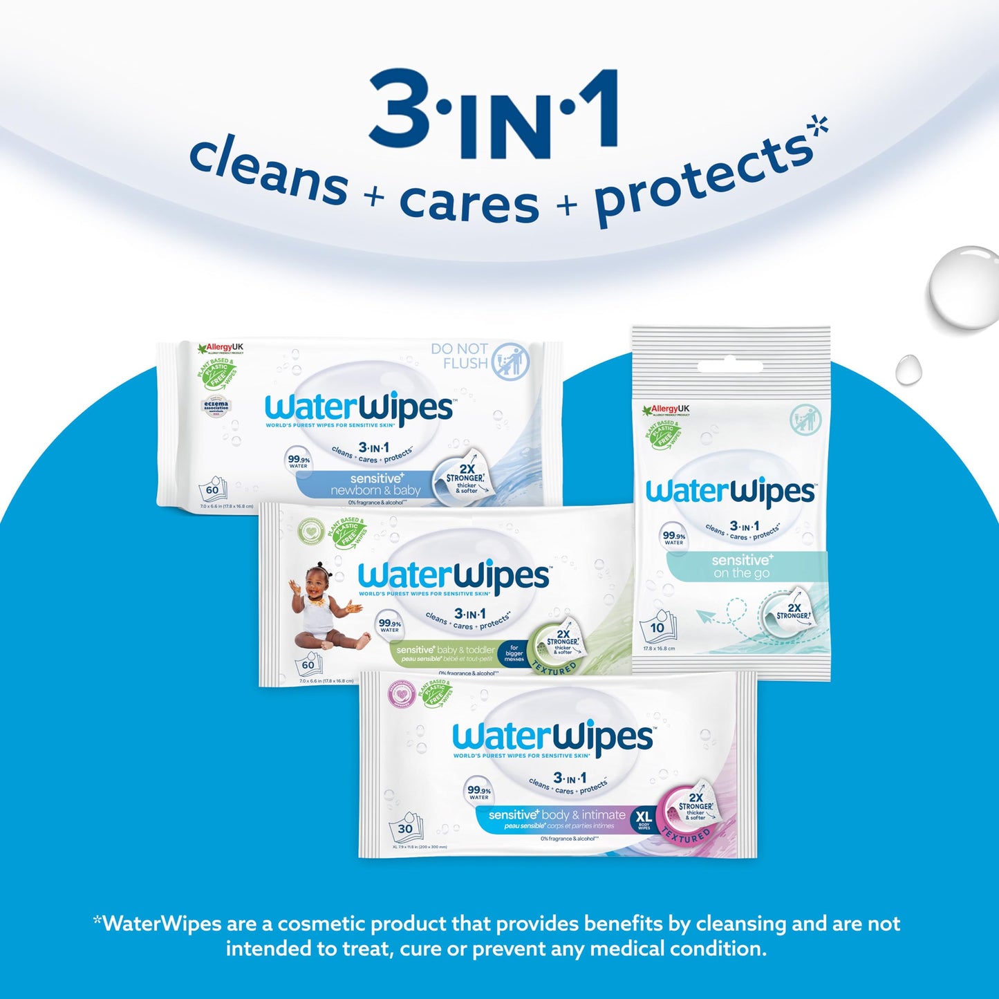 WaterWipes Sensitive+ On The Go Wipes, 100 Count (10 Packs), 3-In-1 Cleans, Cares, Protects, 99.9% Water, Unscented Wet Wipes