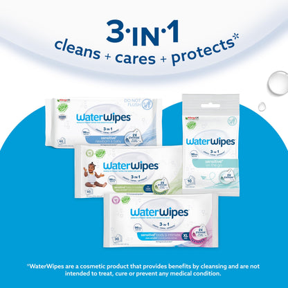 WaterWipes Sensitive+ On The Go Wipes, 100 Count (10 Packs), 3-In-1 Cleans, Cares, Protects, 99.9% Water, Unscented Wet Wipes