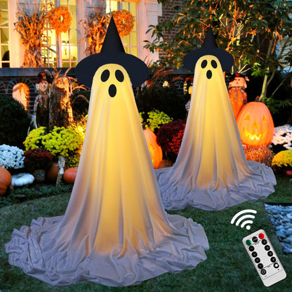 2Packs Halloween Decorations Outdoor,Halloweens Party Decoration Indoor,Spooky Ghost with Remote Control String Lights,Halloween-Ghost Lights for Porches Yards Gardens Lawn