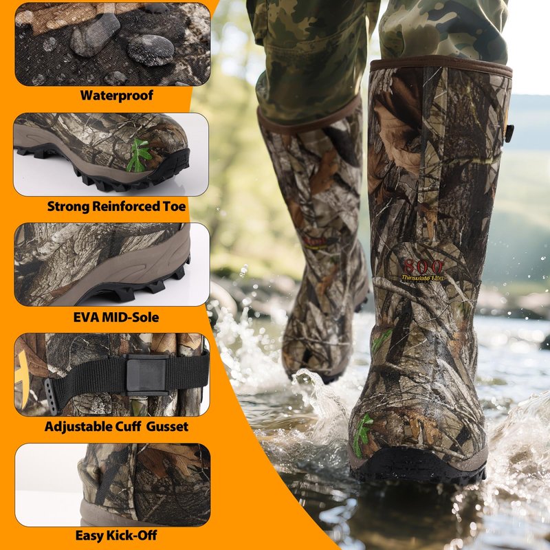 Hunthor Rubber Hunting Boots for Men with 800g Insulation, Waterproof Insulated 6mm Neoprene Shoes for Outdoor Hunting (Next Camo, Size 6-14)