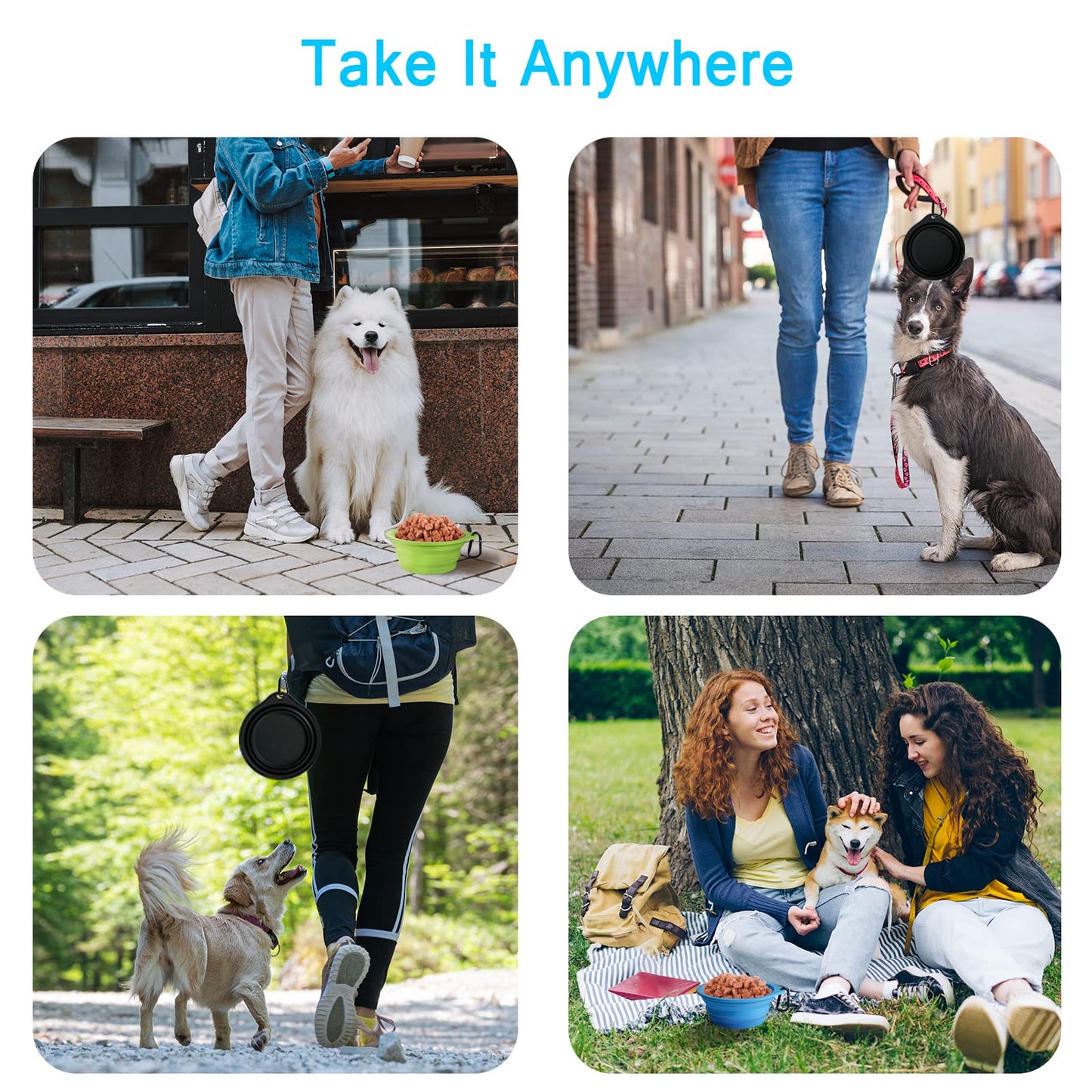 PetBonus 2-Pack Silicone Collapsible Dog Bowls, BPA Free Dishwasher Safe, Portable Foldable Expandable Travel Bowl, Food Water Feeding Cup Dish for Dogs Cats with 2 Carabiners (Turquoise, Tan)
