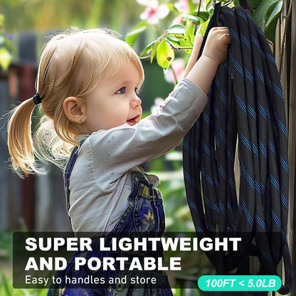 Garden Hose 100 ft, 2025 Upgarded Flexible Water Hose 100ft With 10-Pattern Spray Nozzle, Kink-Free, Lightweight, Durable, Leak-Proof Solid Brass Fittings (Black & Blue)