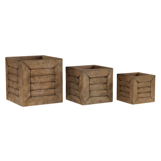 Pure Garden Plant Pots - Wood-Look Planter Set of 3-15.7”, 12.7” and 10” Square Large Outdoor Planters - Rustic Flower Pots Outdoor (Brown)