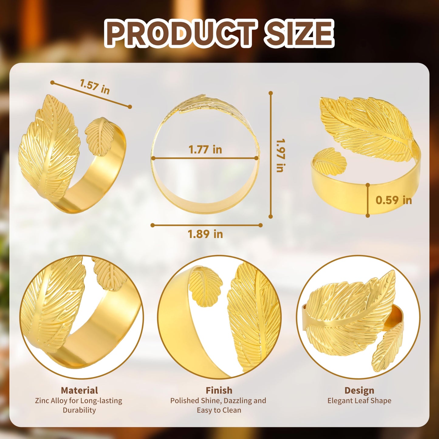 Monkkino Gold Napkin Rings, Shiny Metal Napkin Rings Set of 12, Study Leaf Shaped Table Decor, Stylish Fall Napkin Ring Bulk for Christmas, Easter, Wedding, Party, Elegant Table Settings Gift Ideas