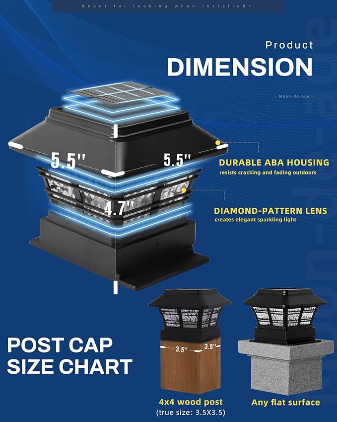 Deck Post Lights Solar Powered, RGB Solar Post Light for Fence, Waterproof Outdoor LED Cap Lights, 4x4 Wood Posts, 50 Lumens (4 Pack)