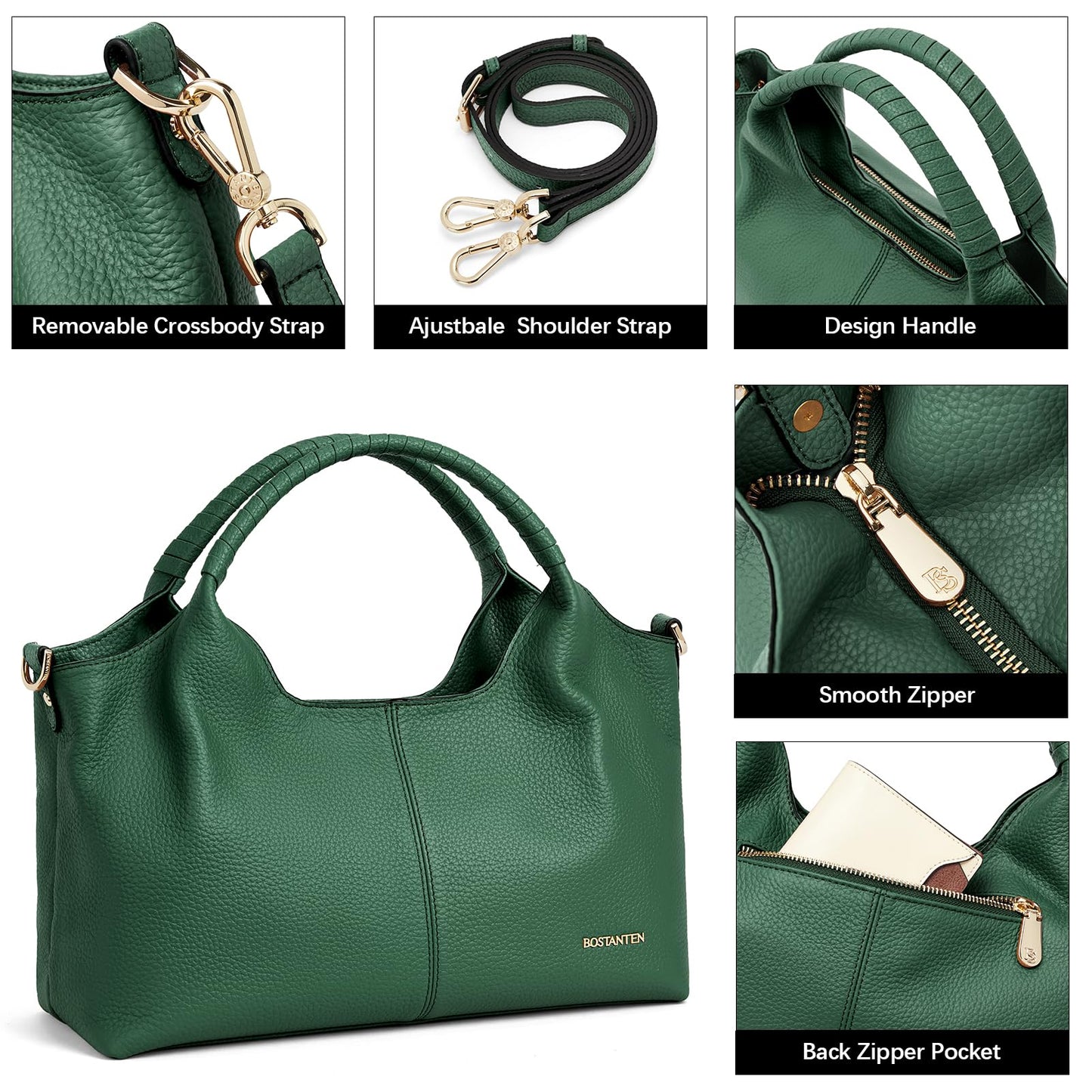 BOSTANTEN Genuine Leather Purses for Women Designer Handbags Crossbody Shoulder Bags Top Handle Satchel with Adjustable Strap (Dark green)