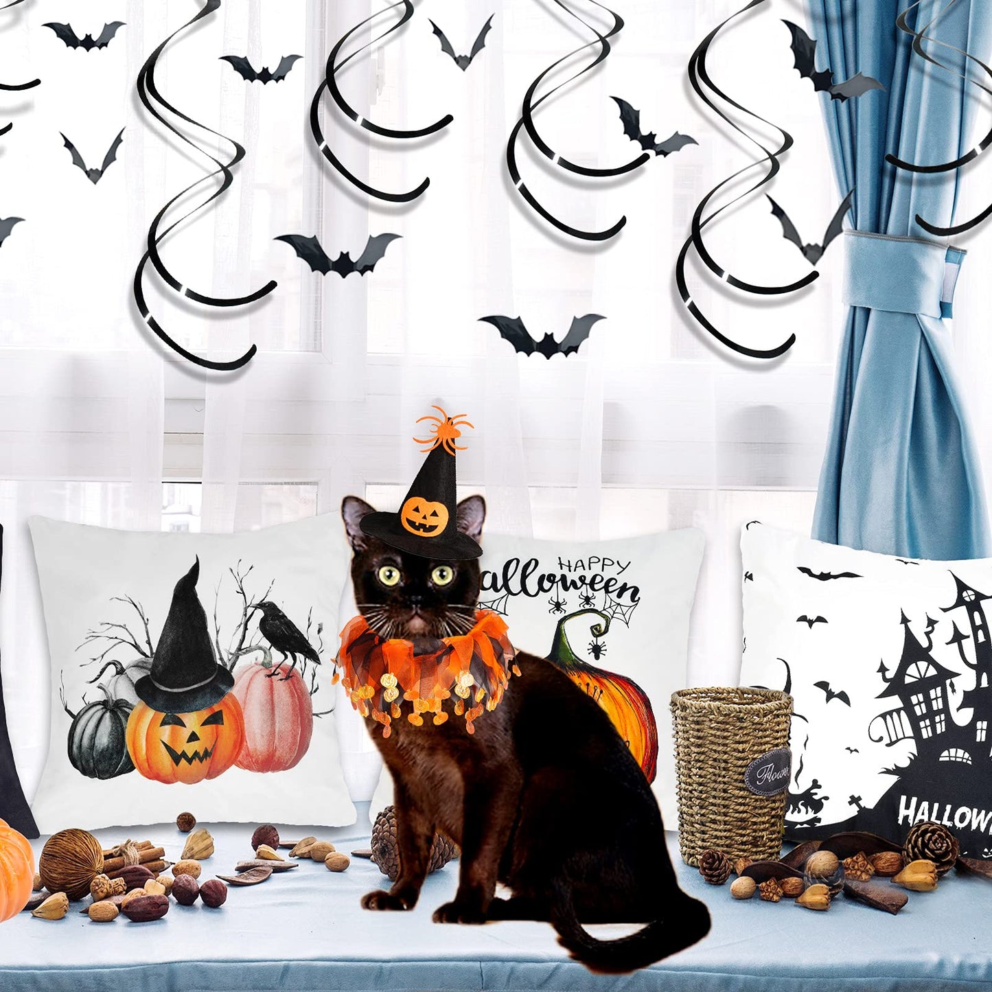 Cat Witch Halloween Costume Suit, Hmxpls Small Dogs & Cats Tutu Collar and Witch Pumpkin Hat Cute Costume Suit Kitten Outfit Clothing for Birthday Party Thanksgiving Christmas Holiday